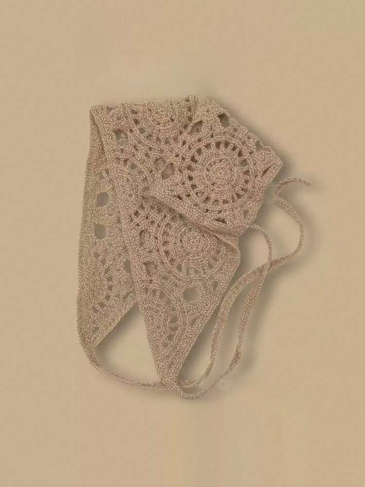 1pc Hollow Flower Headscarf Triangle Scarf Women Beach Accessory Headwear French Style Hairband 2026 New Vintage Hairband Vacay Bandanas - Khaki - View 9