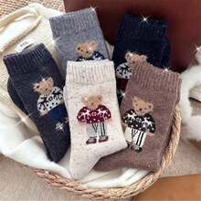 1/5 Pairs Women's Cute Cartoon Mid-Calf Socks, Teddy Bear Pattern Design, Long Socks, Suitable For Daily Wear, Gift For Girlfriend, Autumn/Winter Season, Christmas Gift - Multicolor - View 1