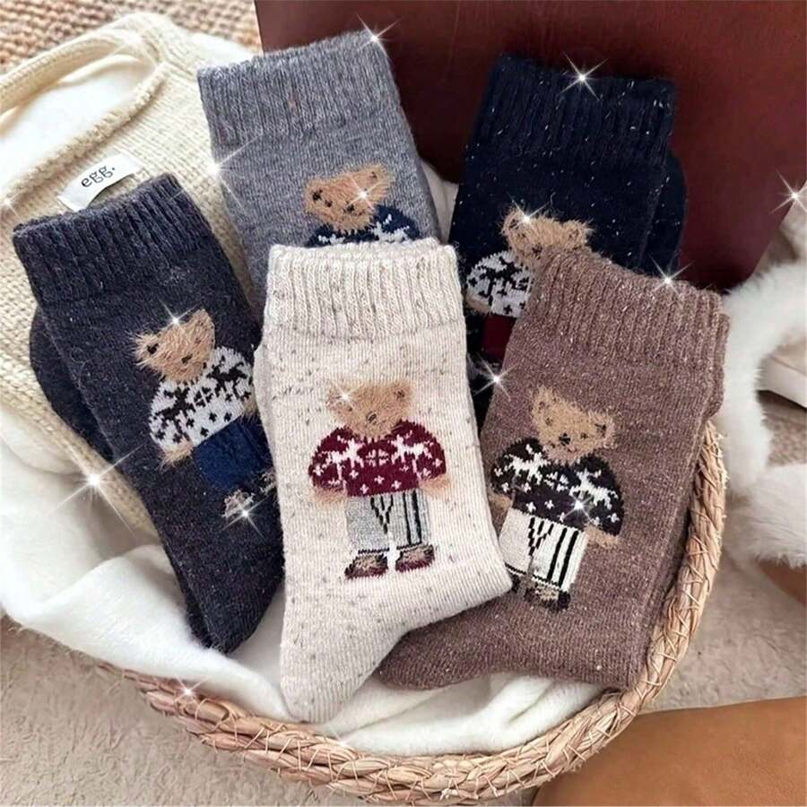 1/5 Pairs Women's Cute Cartoon Mid-Calf Socks, Teddy Bear Pattern Design, Long Socks, Suitable For Daily Wear, Gift For Girlfriend, Autumn/Winter Season, Christmas Gift - Multicolor - View 1