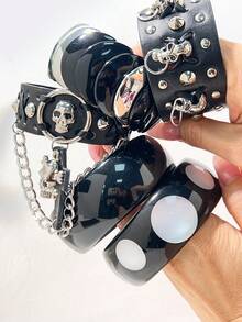 Punk Style Black Resin Bracelet Set Y2K Silver Chain Star Sequin Decor Stackable Bracelets Gothic Style Cool Girl Daily Jewelry Gift - Multicolor a - View 3