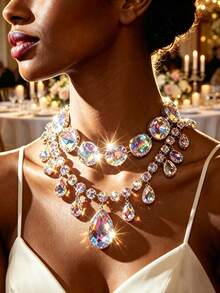 Women's Elegant Rhinestone Decorated Multi-Layer Necklace - Silver - View 2