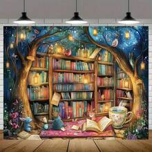 Magic Children's Reading Corner Backdrop Banner - Magic Forest Design With Bookshelves, Animals And Lanterns, Durable Polyester Suitable For Outdoor Parties, Home Decor - Multi-color 1 - View 4