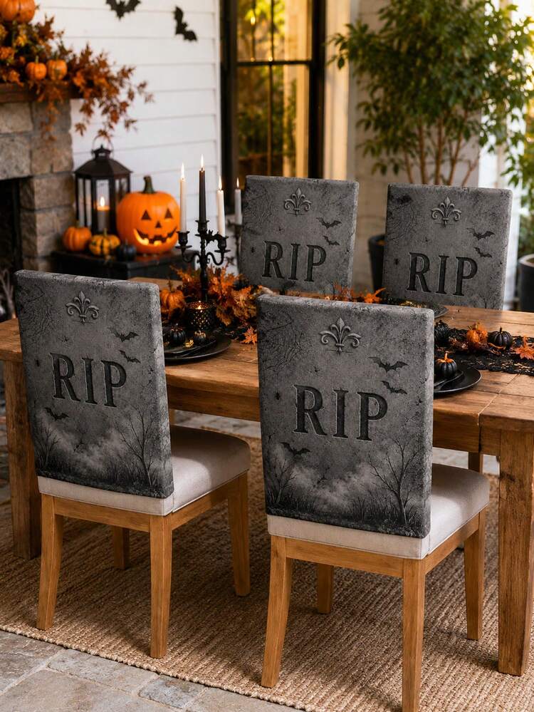 1pc/4pcs/6pcs Gray Black RIP Chair Back Cover, Gothic Polyester Dining Chair Slipcover With Tombstone Bat Spider Web Dead Tree Printed Protector For Halloween Dining Room, Kitchen Table, Party, Haunted House And Home Decor - A - View 2