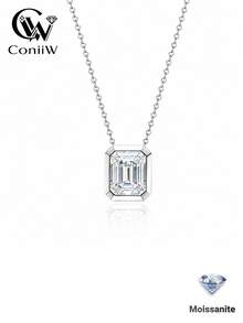 ConiiW Minimalist Fashion 925 Sterling Silver 1ct Rectangular Moissanite Bezel Necklace, Suitable For Women, School Or Commute - Silver - View 1