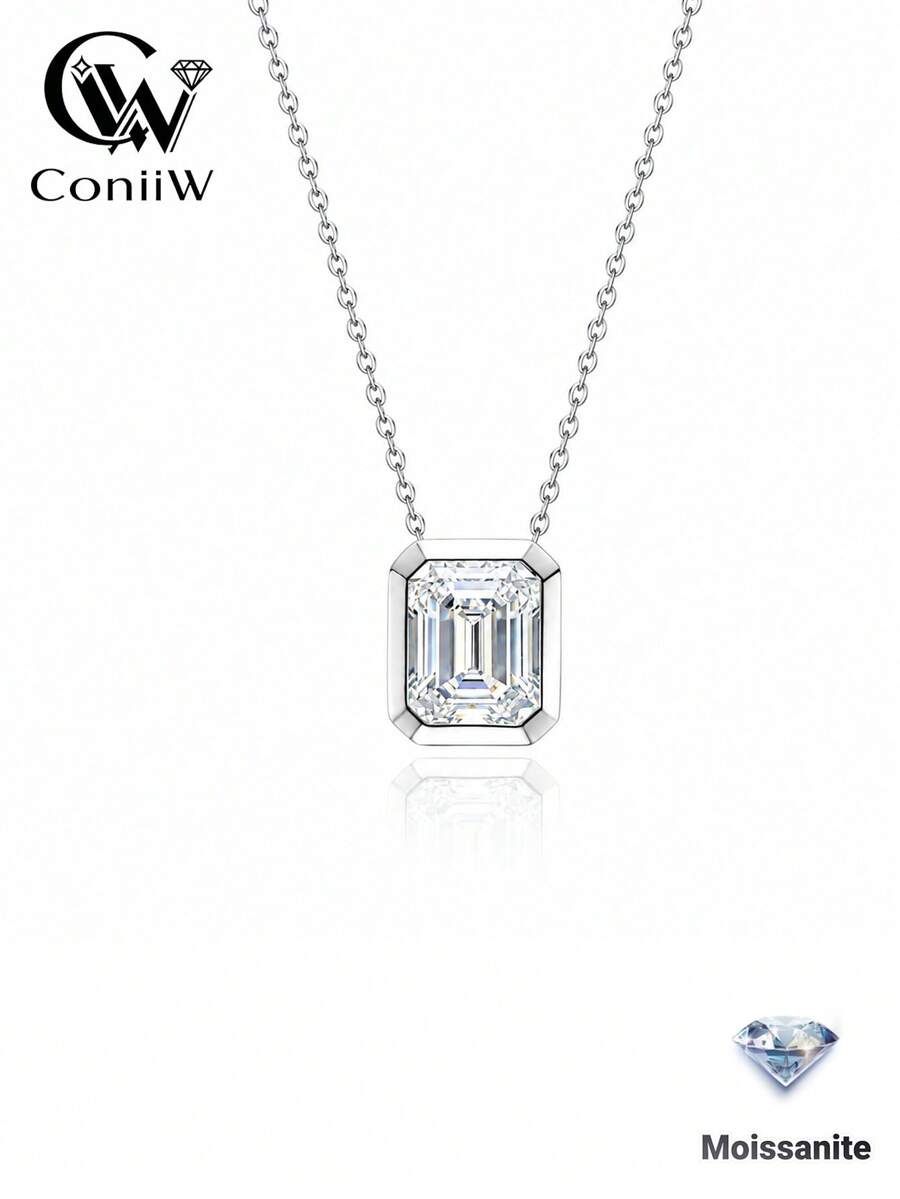 ConiiW Minimalist Fashion 925 Sterling Silver 1ct Rectangular Moissanite Bezel Necklace, Suitable For Women, School Or Commute - Silver - View 1