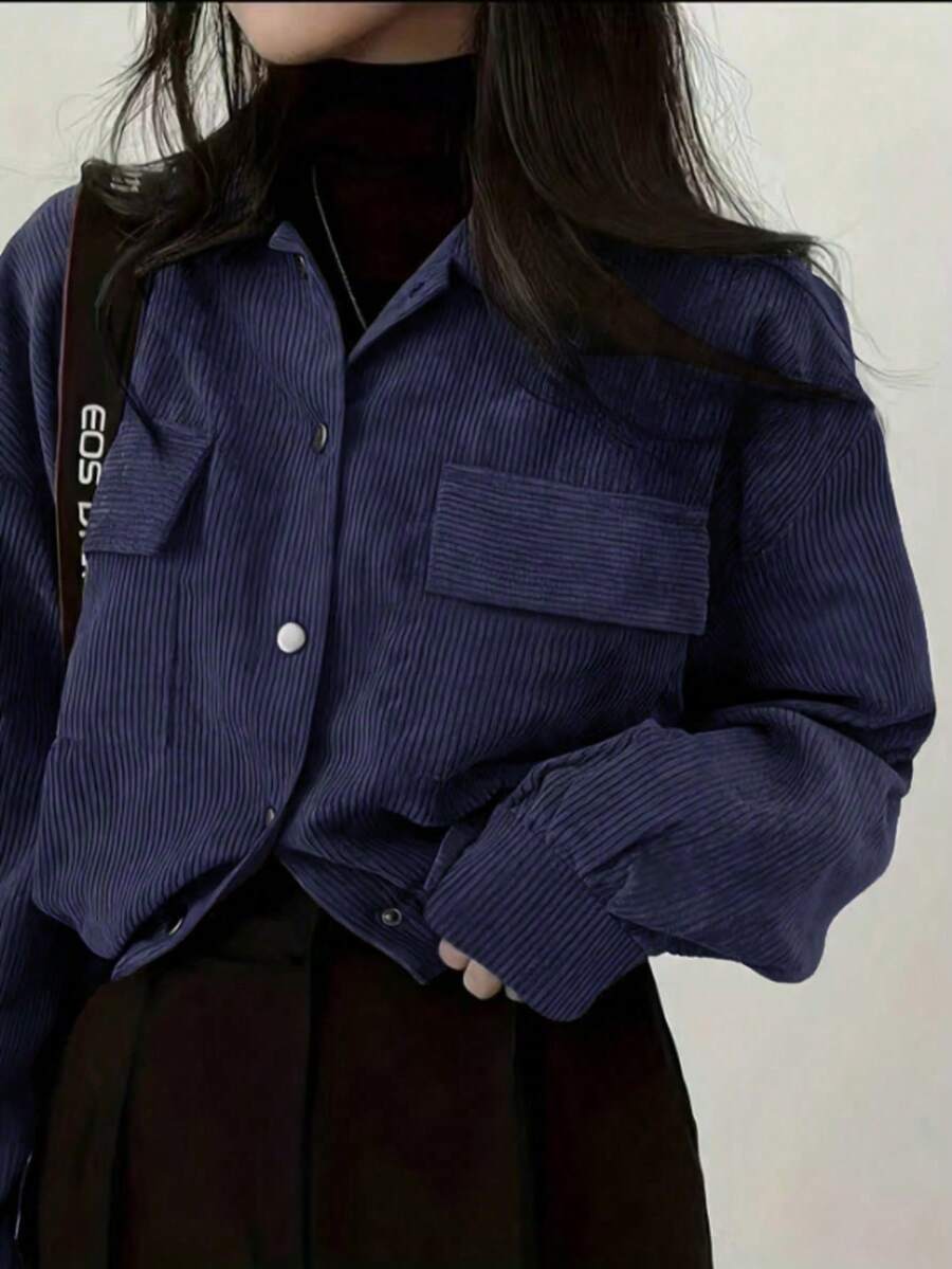 女款燈芯絨飛行夾克,長袖翻領短版外套,適合秋季穿著,休閒梭織面料外衣 - 寶藍色 - 查看 1