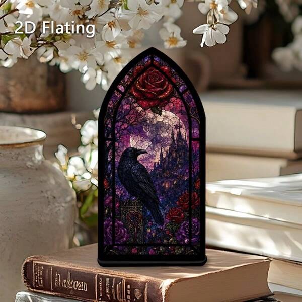 1pc Gothic Stained Glass Bookend - Dark Castle Raven & Rose Window Decor, Polished Acrylic Shelf Ornament, Suitable For Home, Office, Bookshelf Decoration, Gothic Housewarming Gift, Suitable For Christmas, Halloween, Historical Aesthetic Room Accent, 2D Flat Design