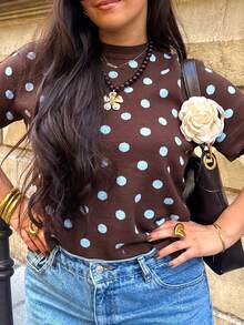 Polka Dot Pattern Short Sleeve Knit Top - Brown - View 1