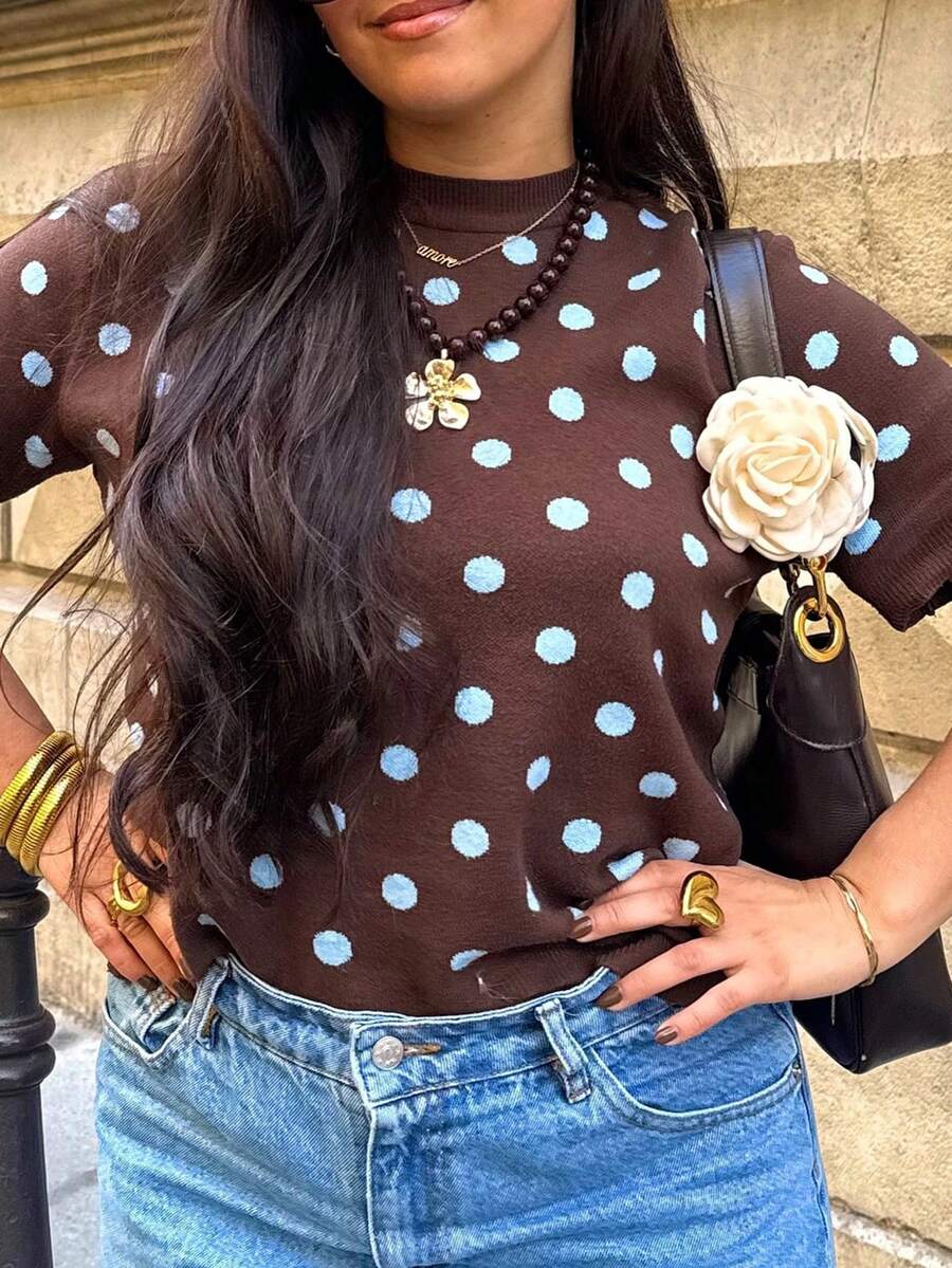 Polka Dot Pattern Short Sleeve Knit Top - Brown - View 1