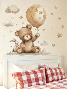 Watercolor Teddy Bear Rabbit Balloon Cloud Wall Decals, Home Decor, Children's Bedroom Supplies, Cute Baby Room Wall Art - Multicolor - View 2