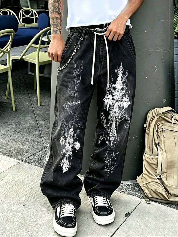 Y2K Jeans For Men, Gothic Vintage Ornate Cross Cursive Letter Print Drawstring Baggy Wide Leg Jeans
