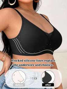 Plus Size Women's Solid Color Casual Everyday Spaghetti Strap Bra - Black - View 2
