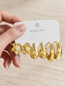 9 pares de pendientes vintage de tono dorado, set de 3 piezas para mujer, diseño de aro texturizado, ligeros, hipoalergénicos y versátiles, ideales para citas, fiestas y regalo de cumpleaños - Dorado - Ver 3