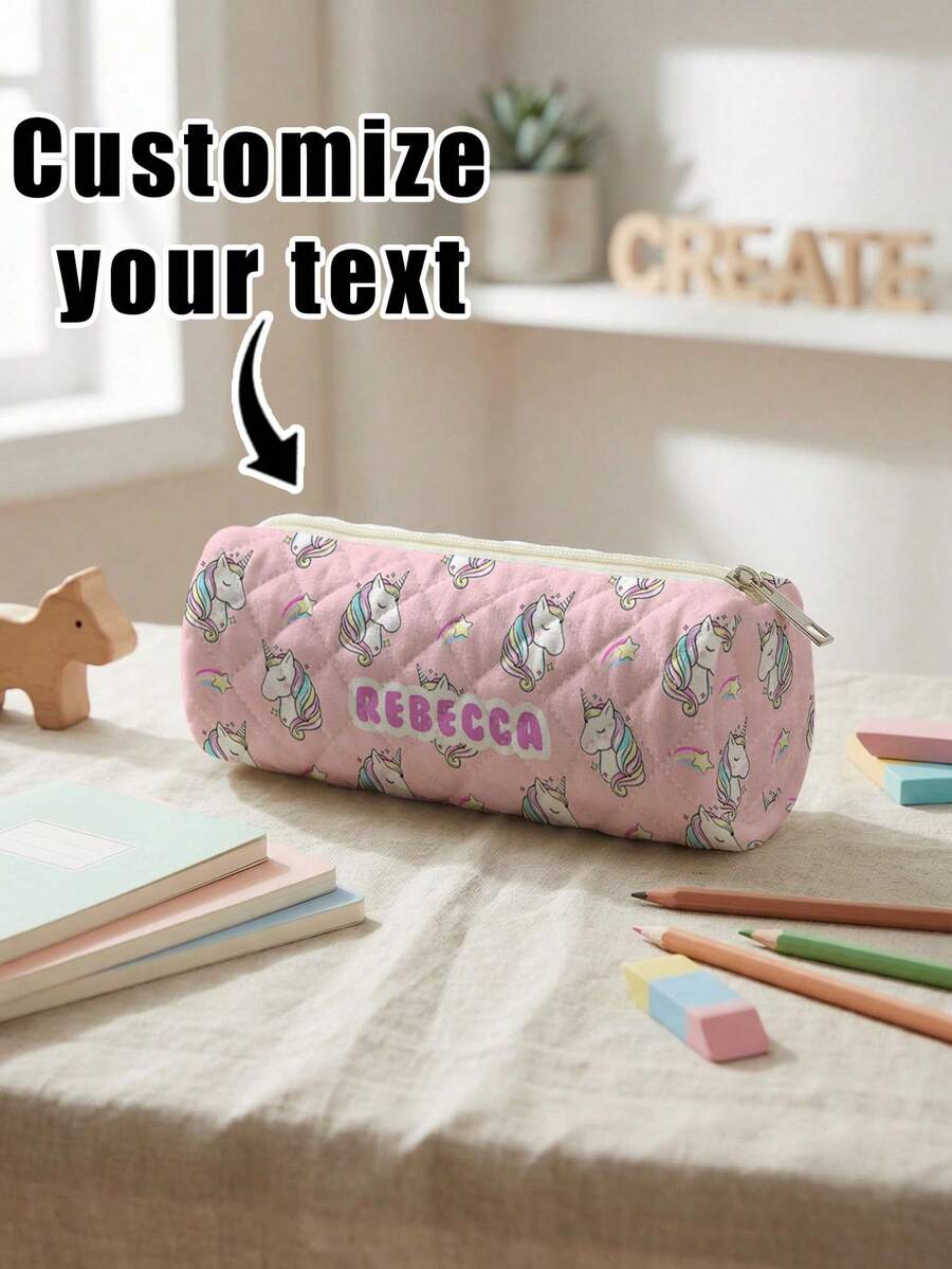 1pc Customized Name Rhombus Round Pencil Case, Can Be Customized According To Your Unique Design, Perfect For Children To Store Pencils, Print Your Own Name Or Print Your Sister's And Classmates' Names As Gifts To Give To Others - Multicolor - View 1
