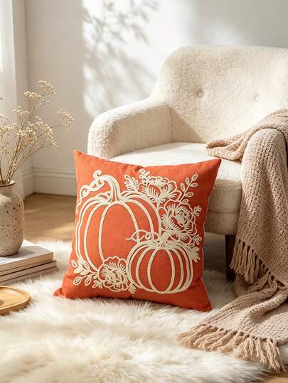 Autumn Pumpkin Embroidered Pillow Case 18*18 Inches, Farmhouse Style Autumn Cushion Cover, Orange Pumpkin Floral Decorative Pillow Case, Suitable For Sofa, Living Room, Bedroom, Thanksgiving And Halloween Home Decor