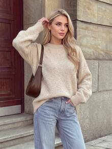 Pakaian Musim Gugur Wanita Y2K Sweater Pullover Lengan Panjang Raglan Leher Bulat Rajut Tekstur Polos untuk Wanita, Pakaian Kasual Sehari-hari - Sampanye - View 8