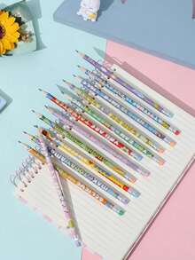 Set Pensil & Penghapus Kartun Inspiratif Bahasa Inggris 6/12 buah, Pensil HB untuk Siswa, Hari Pertama Sekolah - MultiWarna - View 2