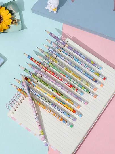 Set Pensil & Penghapus Kartun Inspiratif Bahasa Inggris 6/12 buah, Pensil HB untuk Siswa, Hari Pertama Sekolah