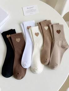 12/6 Pairs Kids Random Heart & Bow Solid Color Mid-Calf Socks In Maillard Tones - Multicolor - View 1