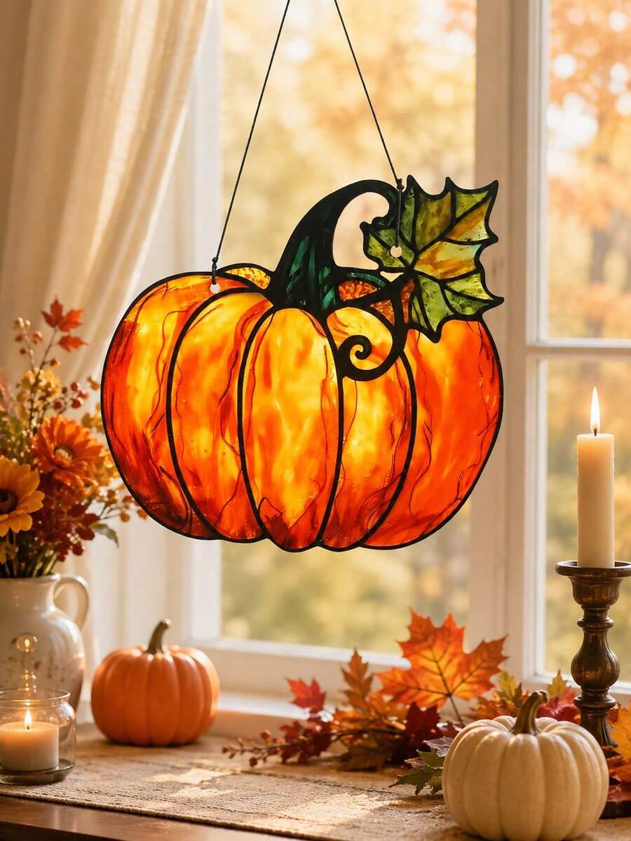 1pc Vintage Maple Leaf Pumpkin Window Hanging Decor, Rustic Farmhouse Style Autumn Halloween Thanksgiving Harvest Pendant, Cozy Fantasy Indoor Wall Decoration, Halloween Trick Or Treat Autumn Festival Entryway Home Party Window Photo Prop Hanging Ornament Gift