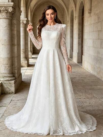 Elegant Long Sleeve Lace A-Line Wedding Dress With Waist Tie Back And Train Bridal Gown White