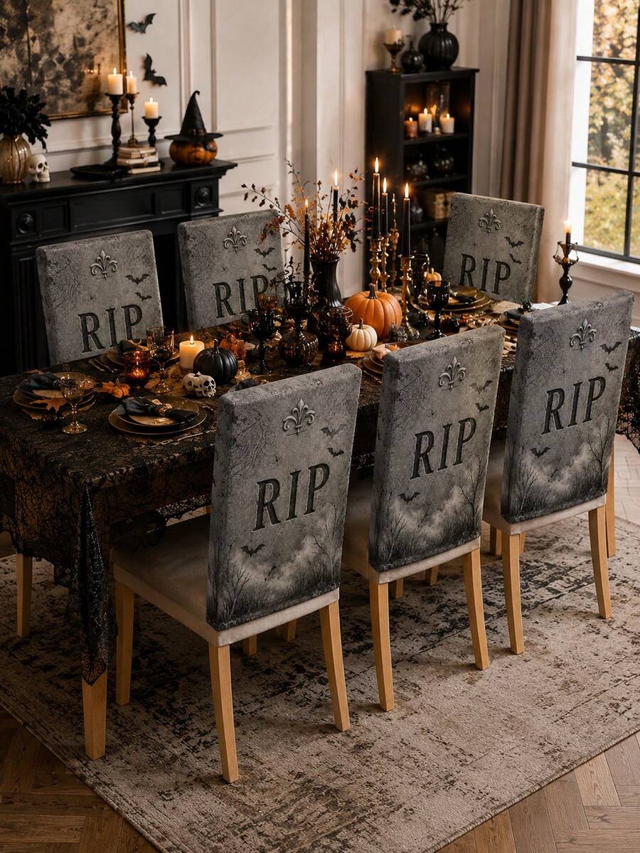 1pc/4pcs/6pcs Gray Black RIP Chair Back Cover, Gothic Polyester Dining Chair Slipcover With Tombstone Bat Spider Web Dead Tree Printed Protector For Halloween Dining Room, Kitchen Table, Party, Haunted House And Home Decor - A - View 1