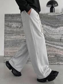 Men's Straight Leg Casual Pants, Drawstring Elastic Waist Solid Color Loose Sweatpants With Pockets, Long Pants - Light Grey - View 6