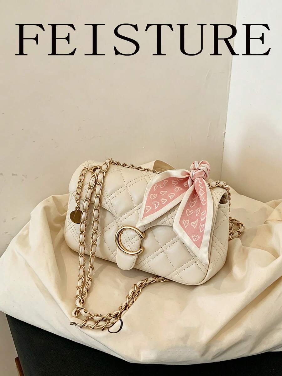 FEISTURE 1pc Women's Diamond Quilted Chain Bag, Fashionable Shoulder Quilted Silk Scarf Small Square Bag, Suitable For Girls, Women, College Students, New Professionals And White-Collar Workers, Perfect For Work, Business, Commuting, School