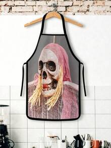 2Pcs Punk Halloween Skull Apron Set, Gas Mask Pilot Goggles King Crown Paisley Tattoo Pattern Skeleton Kitchen Apron, Waterproof Oilproof Cooking Bib With Paint Blood Splatter, Gothic Streetwear Style Halloween Party Costume Gift For Women Men - Multicolor - View 5