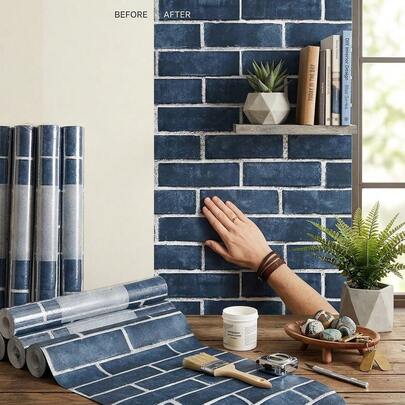 1 Roll Navy Blue Brick Pattern Vintage Self-Adhesive Wallpaper, Retro Industrial Style, Nordic Style Decor, TV / Sofa Background Wall, Indoor Art Wall, Wall Decoration Adhesive Wallpaper, Cabinet, Niche, Wardrobe Door, Workbench, Home Decor, Room Decor, Bedroom Decor, Dorm Decor