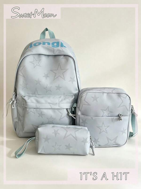 3pcs Light Gray Nylon Casual Minimalist Style Star Pattern All-Over Print Letter Pattern Comfortable Shoulder Strap Zipper Closure Multiple Pockets Large Capacity Foldable With Crossbody Strap Pencil Case Backpack Set, Suitable For Spring/Summer Hot-Selling Style, Ideal For Students, Campus, Commuting, Outdoor Travel, Back-To-School Gift, Can Hold Books, Pencil Case,