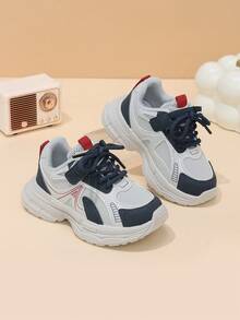 Sepatu Sneakers Chunky Anak-Anak Warna Abu-abu Muda, Biru Tua, dan Merah dengan Desain Blok Warna dan Perekat, Sepatu Anak-Anak Minimalis Cocok untuk Perjalanan Sepanjang Musim dan Pemakaian Sehari-hari - Navy Blue - View 1