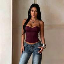 Elegant Basic Burgundy Spaghetti Strap Top, Summer Slim Fit Women's Top, Spaghetti Strap Top, Suitable For Vacation, Daily Dating, Outing Top Styling - Burgundy - View 8