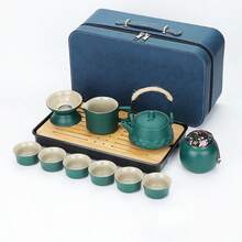 Portable Gongfu Tea Set, Ceramic Teapot And Cups With Grey Travel Case, Traditional Chinese Tea Set Gift For Home, Office And Travel - Green - View 8