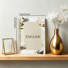 DANPERJI 1本 A5 螺旋筆記本，奶油格紋背景復古拼貼 ENGLISH 圖案日記本，返校準備文具，青少年英文學習筆記本，課堂備忘錄本，柔和中性復古學術日記 - 復古的 - 查看 3