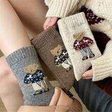 1/5 Pairs Women's Cute Cartoon Mid-Calf Socks, Teddy Bear Pattern Design, Long Socks, Suitable For Daily Wear, Gift For Girlfriend, Autumn/Winter Season, Christmas Gift - Multicolor - View 4