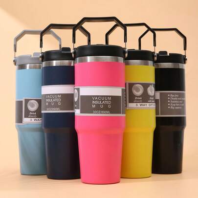 30oz/890ml Large Capacity Vacuum Insulated Mug, Stainless Steel Travel Tumbler With Flip Lid & Straw, Leak-Proof Coffee Cup, Portable Hot & Cold Water Bottle For Office, School, Outdoor, Car,Chrismast Gift