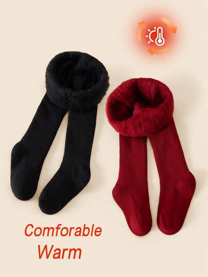 [Autumn/Winter Style]2pcs Girls/Infant/Toddler 0-12 Years Old Solid Black/Red Fine Striped Thermal Lined Tights, Skin-Friendly Soft Comfortable Fashion Versatile Minimalist Footed Tights, Suitable For Autumn/Winter Daily Wear/Holiday Gifts/Outdoor Sports/Back To School