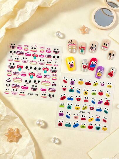2 Sheets Embossed Cute Cartoon Face Nail Art Stickers, Fun Big Eye Expression Self-Adhesive Nail Decals, Colorful Vibrant Pattern Nail Stickers For DIY Nail Decoration