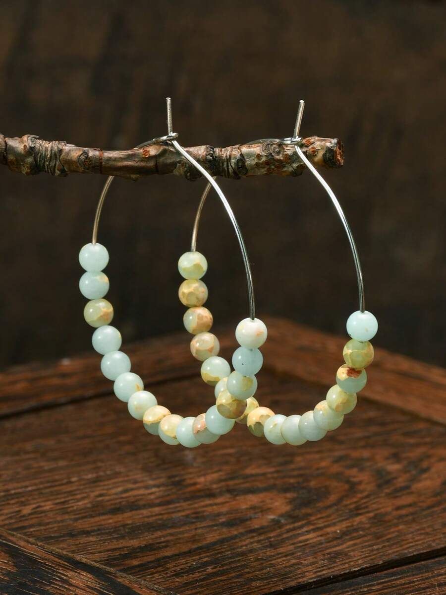 Yumfeel Vintage Shoushan Stone Round Beaded Hoop Earrings, Bohemian Style Women's Hoop Earrings, Helps Relieve Anxiety, Elegant And Fashionable Jewelry Gift - Shoushan Stone - View 1