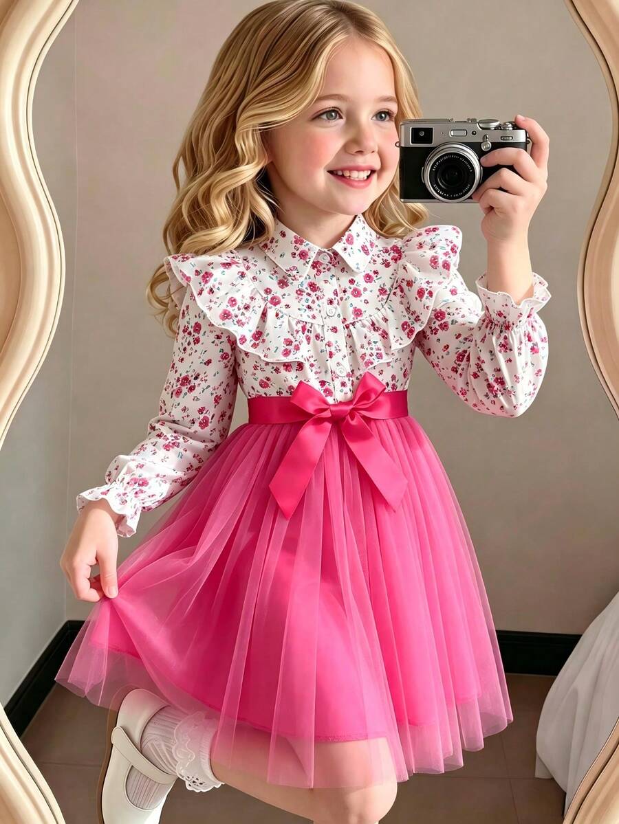 Young Girl Floral Print Mesh Long Sleeve Dress With Waist Belt - Hot Pink - View 1