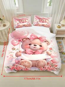 2/3PCS Girls Custom Name Pink Bow Bear Floral Balloon Print Polyester Zipper Resistant Duvet Cover Set, Sweet Girly Cartoon Bedding Set For Kids Bedroom All Seasons - Multicolor - View 14