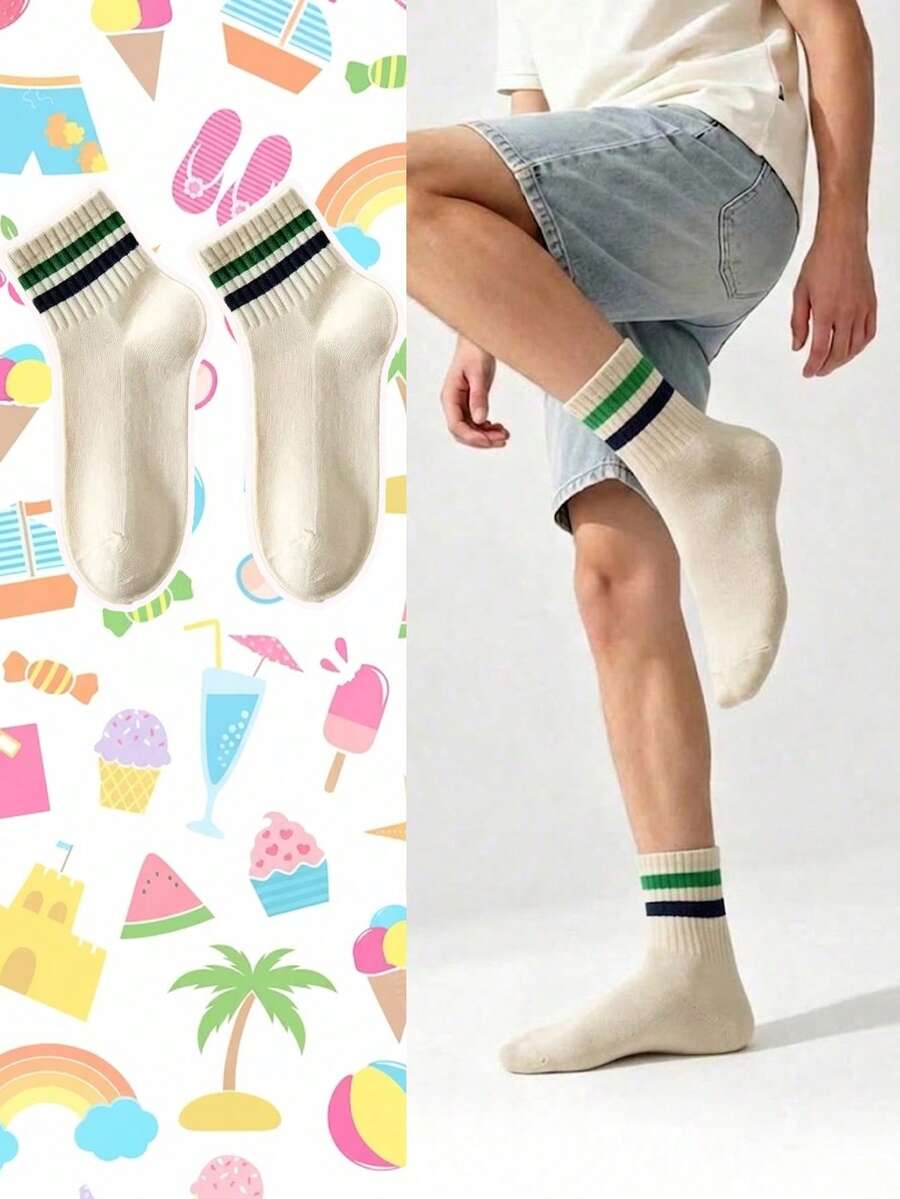 5 Pairs Back To School Vintage Striped Mid-Calf Socks, Boys All-Match Versatile Casual Socks, Simple Contrast Color Striped Socks For Denim Shorts - Multicolor - View 1