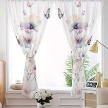 2pcs Digital Printed Sheer Curtains, Watercolor Floral & Butterfly Pattern, Romantic Wedding Style, Suitable For Kitchen, Dining Room, Living Room Decor - Multicolor - View 10