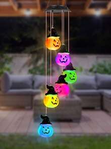 1 Stück 6LED schwarze Kürbis Solarbetriebene Windspiel Licht, geeignet für Halloween Feiertagsbeleuchtung, anwendbar für Fensterbank, Dachvorsprung, Balkon, Outdoor gruselige Dekoration [Solarbetrieben] - Windspiel-Lichterkette - Übersicht 3