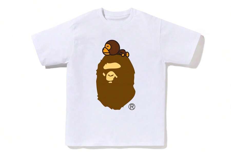 Ape Head Graphic Tee, Loose And Oversized Fit, Pure Cotton Crew Neck, Unisex Summer Basic T-Shirt - 白色 - 查看 1