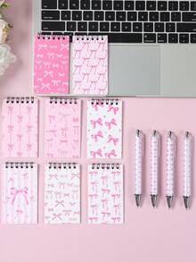 1/4/8pcs White And Pink Bow Notebook & Diary Set, Cute Bow Pocket Notebook (10cm) And Pen (14cm) Set, Bow Theme Party Gift, Birth, First Day Of School - Pink - View 8
