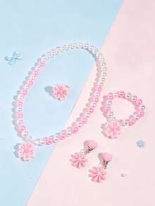 5pcs/Set Floral Faux Pearl Jewelry Necklace Bracelet Ring Clip-On Earrings For Girls Princess Party Dress-Up Gift - one-size - View 10