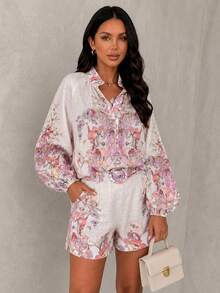 ChicMe Women's 2-Piece Floral Placement Print Set, Stand Collar Lantern Sleeve Top + Elastic Back Waist Belt Shorts, Elegant Daily Party Vacation Outfit - Baby Pink - View 7