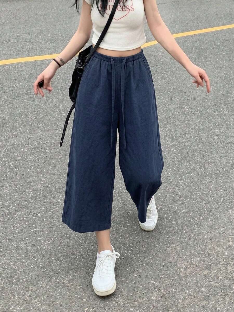 女款 9/10 分長寬腿褲,夏季新款彈性腰抽繩輕量透氣,慵懶寬鬆百搭休閒褲,適合日常穿著 - 藏青 - 查看 1